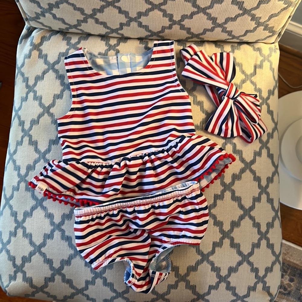 EUC Mud Pie Reversible Tankini 18M w/ headband - Picture 2 of 2